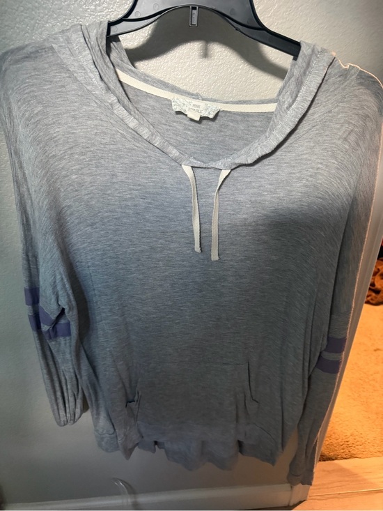 Tops - Light Gray Hooded Pullover with Lavender Sleeve Stripes